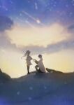  1boy 1girl backlighting blue_hair blurry capelet cloak clouds depth_of_field dress falling_star frieren from_side full_body gold_trim hands_up highres himmel_(sousou_no_frieren) hood hood_down hooded_cloak long_hair marriage_proposal profile short_hair sky sousou_no_frieren standing star_(sky) starry_sky white_capelet white_cloak white_dress white_hair yi_12199 