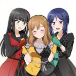  3girls azalea_(love_live!) barkhorn0331 black_dress black_hair blue_hair blunt_bangs brown_hair closed_eyes commentary_request dress earrings facing_viewer furrowed_brow green_dress green_eyes hair_between_eyes highres holding_hands jewelry kunikida_hanamaru kurosawa_dia long_hair looking_at_another love_live! love_live!_sunshine!! matsuura_kanan medium_hair multicolored_clothes multicolored_dress multicolored_hair multiple_girls red_dress sidelocks standing streaked_hair upper_body violet_eyes we&#039;ll_get_the_next_dream!!!! white_background yellow_dress 