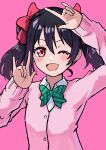  1girl ;d \m/ arms_up black_hair blush bow bowtie buttons cardigan clip_studio_paint_(medium) collared_shirt double_\m/ green_bow green_bowtie hair_between_eyes hair_bow highres long_sleeves looking_at_viewer love_live! making-of_available medium_hair nico_nico_nii one_eye_closed open_mouth pink_background pink_cardigan red_bow red_eyes ryoha_kosako shirt simple_background smile solo split_mouth striped_bow striped_bowtie striped_clothes twintails upper_body video_thumbnail white_shirt yazawa_nico 