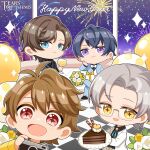  +_+ 4boys :d alcohol artem_wing_(tears_of_themis) balloon black_jacket black_shirt blue_eyes blue_jacket blue_pants bow bowtie brown_eyes brown_hair cake cake_slice camera chibi closed_mouth copyright_name couch cup drinking_glass english_commentary english_text fireworks flower food formal gift glasses grey_hair happy_new_year highres holding holding_camera holding_cup holding_plate jacket long_sleeves looking_at_viewer luke_pearce_(tears_of_themis) male_focus marius_von_hagen_(tears_of_themis) mole mole_under_eye multiple_boys night night_sky official_art pants plate purple_hair semi-rimless_eyewear shirt short_hair sitting sky smile tears_of_themis tile_floor tiles violet_eyes vyn_richter_(tears_of_themis) white_bow white_bowtie white_flower white_jacket white_shirt wine wine_glass yellow_eyes yellow_flower 