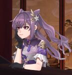  1girl black_gloves capkal commentary_request cone_hair_bun earrings genshin_impact gloves grey_shirt hair_bun hair_ornament hand_up jewelry keqing_(genshin_impact) long_hair purple_hair shirt short_sleeves sidelocks smile solo twintails upper_body very_long_hair violet_eyes 