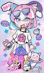  1girl animal-themed_food bare_shoulders belt belt_buckle black_tank_top blue_background blue_hair blush_stickers buckle cat cellphone check_copyright clouds colorful commentary_request cone_hair_bun copyright_notice copyright_request double_bun doughnut dripping english_text eyelashes eyewear_on_head fang food full_body gradient_eyes hair_bun holding holding_phone ice_cream ice_cream_cone jewelry layered_skirt long_skirt looking_at_viewer miniskirt multicolored_eyes multicolored_hair nail_polish necklace off-shoulder_shirt off_shoulder open_mouth original pastel_colors phone pink_background pink_hair pink_nails purple_skirt purple_wristband rainbow ring shirt shoe_belt shoes short_sleeves simple_background skirt smartphone smile sneakers solo sparkle striped_background sunglasses t-shirt tank_top terada_tera tooth_necklace two-tone_background two-tone_hair violet_eyes white_belt white_footwear white_shirt white_sleeves zipper_pull_tab 