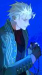  1boy artist_request bishounen blue_coat blue_eyes coat devil_may_cry_(series) devil_may_cry_3 fingerless_gloves gloves highres holding jewelry male_focus necklace solo vergil_(devil_may_cry) white_hair 
