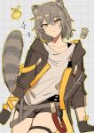  alternate_hairstyle animal_ears black_hood black_shorts blush closed_mouth grey_eyes grey_hair hair_between_eyes highres honkai:_star_rail honkai_(series) hood hooded_jacket jacket looking_at_viewer raccoon_ears raccoon_girl raccoon_tail shirt short_hair shorts smile stelle_(honkai:_star_rail) tail taosheng trailblazer_(honkai:_star_rail) white_shirt yellow_eyes 