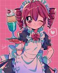  1990s_(style) 1girl ahoge apron artist_name back_bow black_dress blush bow bowtie cherry closed_mouth collared_dress dress drill_hair food frilled_apron frilled_sleeves frilled_wrist_cuffs frills fruit grid_background hair_between_eyes heart holding holding_plate ice_cream kasane_teto looking_at_viewer maid maid_headdress one_eye_closed outline pink_background plate puffy_short_sleeves puffy_sleeves red_bow red_bowtie red_eyes redhead redrawn retro_artstyle short_hair short_sleeves smile solo spoken_heart sundae twin_drills twintails utau white_apron white_bow white_headdress white_outline white_wrist_cuffs wrist_cuffs yuusuke-kun 