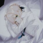 1girl ahoge aqua_eyes artoria_pendragon_(fate) blonde_hair braid breasts fate/stay_night fate_(series) fov_ps hair_ribbon looking_at_viewer lying on_side parted_lips pillow ribbon saber_(fate) short_hair small_breasts solo under_covers 