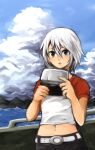  1girl another_code ashley_mizuki_robbins belt black_eyes clouds denim handheld_game_console jeans land-k looking_at_viewer navel nintendo_ds open_mouth pants short_hair short_sleeves solo white_hair 