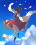  1girl absurdres ascot black_footwear blue_sky bow brown_hair clouds commentary_request detached_sleeves flying frilled_bow frilled_hair_tubes frilled_skirt frills hair_bow hair_tubes hakurei_reimu highres iris-san medium_hair red_bow red_shirt red_skirt shirt skirt skirt_set sky socks solo touhou white_sleeves white_socks wide_sleeves yellow_ascot 
