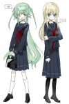  1984_(artist) 2girls :d alice_(black_souls) bag black_bag black_footwear black_socks black_souls blonde_hair blue_eyes blush closed_mouth full_body green_eyes green_hair grey_serafuku handbag heart highres holding holding_bag holding_own_arm kneehighs leaf_(black_souls) long_hair long_sleeves multiple_girls neckerchief open_mouth pleated_skirt pointy_ears red_neckerchief school_uniform serafuku simple_background skirt smile socks speech_bubble spoken_heart two_side_up white_background white_socks 