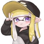  1girl :q baseball_cap black_headwear black_sweater blonde_hair blush commentary hat inkling inkling_girl inkling_player_character long_hair looking_at_viewer pointy_ears sh_f0y simple_background sleeves_past_wrists solo splatoon_(series) sweater tentacle_hair tongue tongue_out two-tone_sweater upper_body v violet_eyes white_background white_sweater 