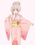  1girl :/ absurdres brown_eyes commentary dot_nose floral_print flower frown grey_hair hair_between_eyes hair_bun hair_flower hair_ornament hair_up highres japanese_clothes karubi_(karubi465558) kimono long_sleeves looking_at_viewer multicolored_hair obi onii-chan_wa_oshimai! oyama_mahiro pink_background pink_hair pink_kimono print_kimono sash simple_background solo two-tone_hair wide_sleeves 