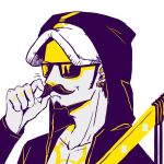 1boy blueeblin close-up commentary earrings facial_hair fake_facial_hair fake_mustache goatee hat hood hooded_coat jewelry male_focus one_piece sideburns simple_background solo sunglasses sword trafalgar_law weapon white_background