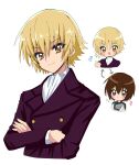  1boy 1girl blonde_hair blue_hair blush breasts brother_and_sister brown_eyes cagalli_yula_athha crossed_arms formal genderswap genderswap_(ftm) genderswap_(mtf) gundam gundam_seed gundam_seed_freedom gundam_suisei_no_majo hair_between_eyes highres kira_yamato looking_at_viewer manju5656 open_mouth shirt short_hair siblings smile twins yellow_eyes 