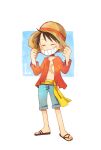  1boy ^_^ black_hair blue_shorts closed_eyes commentary_request full_body hands_on_headwear hat highres male_focus monkey_d._luffy nekochanko1 one_piece open_clothes open_shirt red_shirt sandals sash scar scar_on_chest scar_on_face shirt short_hair shorts solo straw_hat yellow_sash 