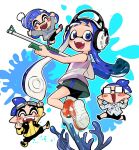  1boy 1girl :d ^_^ beanie bike_shorts black-framed_eyewear black_shorts blue_eyes blue_hair blue_headwear chibi chibi_inset clenched_hand closed_eyes doro_mizu_831 glasses goggles goggles_on_head grey_shorts grey_sweater gun happy hat headphones holding holding_gun holding_weapon inkling inkling_boy inkling_girl inkling_player_character jacket long_hair multiple_views open_mouth orange_footwear paint_splatter pointy_ears print_footwear shoes short_hair shorts shorts_under_shorts simple_background smile splat_charger_(splatoon) splatoon_(series) splatoon_2 sweater teeth tentacle_hair upper_teeth_only weapon white_background yellow_jacket 