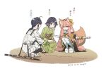  1other 2girls ahoge androgynous animal_ear_fluff animal_ears artist_name black_hair black_hakama bow bowtie braid braided_hair_rings braided_ponytail braided_sidelock crossed_arms dated fate/samurai_remnant fate_(series) fox_ears fox_girl fox_tail green_kimono hair_bow hair_intakes hakama hands_on_own_knees japanese_clothes kanya_(asa_yake01) kimono long_hair low-tied_long_hair low-tied_sidelocks multiple_girls ogasawara_kaya pink_hair print_kimono ribbon sandals short_eyebrows short_kimono sidelocks single_braid squatting sword sword_on_back tail tamamo_(fate) tamamo_aria_(fate) translated twintails weapon weapon_on_back white_bow white_bowtie white_footwear white_ribbon yamato_takeru_(fate) yellow_bow yellow_kimono zouri 