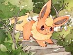  :o bright_pupils brown_eyes bush flareon full_body highres no_humans open_mouth outdoors pokemon pokemon_(creature) solo stairs tree white_pupils zugvogel_0525 