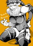  1girl absurdres body_freckles boots breasts commission detached_sleeves freckles greyscale highres large_breasts leotard long_hair monochrome orange_background orange_eyes original patterned_background ponytail sharp_teeth skeb_commission solo spot_color squatting teeth thigh_boots yotsumi_shiro 