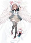  1girl 71150521_(user_agrk2888) angel_wings animal_bag arms_up bed_sheet black_thighhighs bow breasts brown_skirt cat_bag commentary_request dakimakura_(medium) danganronpa_(series) danganronpa_2:_goodbye_despair dress_shirt ear_bow feathered_wings galaga hair_ornament highres large_breasts miniskirt nanami_chiaki neck_ribbon outstretched_arms pink_bag pink_bow pink_footwear pleated_skirt ribbon shirt skirt solo thigh-highs two-tone_shirt usami_(danganronpa) wings zettai_ryouiki 
