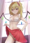  1girl absurdres armpits blush bra breasts clothes_lift flandre_scarlet highres looking_at_viewer looking_down midriff navel one_side_up panties pleated_skirt red_eyes red_skirt skirt skirt_lift small_breasts smile solo szl touhou underwear wings 