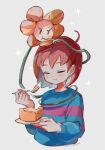  1other :t ahoge androgynous blue_sweater brown_hair chewing child closed_eyes cropped_torso eating facing_viewer flower flower_on_head flowey_(undertale) food frisk_(undertale) grey_background highres holding holding_food holding_plate long_sleeves noppo_(nopon) other_focus pie pie_slice plate signature simple_background sweater undertale upper_body yellow_flower 