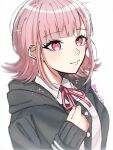  1girl black_jacket black_shirt brown_hair clenched_hand danganronpa_(series) danganronpa_2:_goodbye_despair grey_background hand_up highres hood hood_down hooded_jacket hoshi_no_shizuku jacket long_sleeves medium_hair nanami_chiaki neck_ribbon open_clothes open_jacket pink_eyes pink_ribbon ribbon shirt simple_background solo two-tone_shirt upper_body white_shirt 