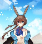  1girl amiya_(arknights) animal_ear_fluff animal_ears arknights black_jacket blue_eyes blue_sky breasts brown_hair clouds commentary_request day dirty dirty_clothes floating_hair hair_between_eyes highres jacket kojita_kenchin long_hair looking_at_viewer off_shoulder open_clothes open_jacket outdoors parted_lips rabbit_ears shirt sidelocks sky small_breasts solo very_long_hair white_shirt 