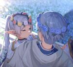 1boy 1girl absurdres blue_hair blurry blurry_background capelet carrying closed_eyes couple earrings elf flower flower_wreath frieren head_wreath highres himmel_(sousou_no_frieren) jewelry long_hair parted_bangs parted_lips pointy_ears princess_carry rinzawa short_hair sleeping sousou_no_frieren twintails white_capelet white_hair