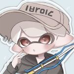  1boy :o black_hoodie blue_background commentary furrowed_brow grey_hair grey_headwear gun highres holding holding_gun holding_weapon hood hoodie inkling inkling_(language) inkling_boy inkling_player_character male_focus pointy_ears print_headwear red_eyes red_pupils sh_f0y short_hair simple_background solo splatoon_(series) squiffer_(splatoon) symbol-only_commentary tentacle_hair upper_body v visor_cap weapon 