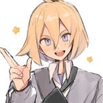  1boy blonde_hair commentary_request finger_gun fukuzawa_(huku486) grey_eyes grey_jacket highres jacket looking_at_viewer male_focus open_mouth paulo_(pokemon) pokemon pokemon_masters_ex simple_background solo white_background 