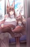  2girls absurdres amagi-chan_(azur_lane) amagi_(azur_lane) animal_ears azur_lane blush brown_hair casual closed_eyes coat day eyeshadow flower fox_ears fox_girl fox_tail fur-trimmed_coat fur-trimmed_hood fur_trim hair_between_eyes hair_flower hair_ornament hairpin half-closed_eyes hand_on_another&#039;s_head headpat highres hood indoors kitsune long_hair makeup mother_and_daughter multiple_girls multiple_tails musical_note open_mouth red_eyeshadow samip sitting slit_pupils smile spoken_musical_note tail tail_cover very_long_hair violet_eyes white_flower winter_clothes winter_coat 