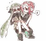  2girls agent_3_(splatoon) agent_8_(splatoon) bike_shorts black_eyes carrying chinese_commentary fangs green_hair headgear high-visibility_vest highres inkling inkling_girl inkling_player_character long_hair long_sleeves medium_hair multiple_girls musical_note octoling octoling_girl octoling_player_character open_mouth pink_eyes princess_carry redhead simple_background single_bare_shoulder speech_bubble splatoon_(series) splatoon_2 splatoon_2:_octo_expansion spoken_musical_note suction_cups tentacle_hair thenintlichen96 very_long_hair vest white_background 