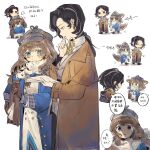  2girls animal_ears black_hair blue_coat blue_eyes brown_coat brown_gloves brown_hair cabbie_hat chibi chibi_inset chinese_text coat crying curly_hair dress earrings empty_eyes fox_ears fox_tail from_side gloves greta_hofmann grey_headwear grey_jacket hand_up hat highres holding holding_case holding_paper hug jacket jewelry kemonomimi_mode long_hair looking_at_another looking_down low_ponytail marcus_(reverse:1999) multiple_girls overcoat paper profile reverse:1999 scarf shade shirt smile speech_bubble streaming_tears tail tears upper_body very_long_hair walking white_background white_dress white_scarf white_shirt yellow_eyes yi_ge_shijie 