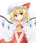 1girl ascot blonde_hair bow buttons closed_mouth commentary cowboy_shot crossed_arms eyelashes flandre_scarlet frilled_shirt_collar frilled_skirt frills gem hat hat_bow head_tilt highres looking_at_viewer mob_cap one_side_up puffy_short_sleeves puffy_sleeves red_bow red_eyes red_skirt red_vest sash shirt short_hair short_sleeves simple_background skirt smile solo tarumaru touhou vest white_background white_sash white_shirt wings yellow_ascot 