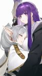  2girls :3 :t absurdres black_cloak blunt_bangs capelet cloak commentary_request earrings fern_(sousou_no_frieren) frieren grey_hair head_tilt highres hug jewelry looking_at_viewer multiple_girls pointy_ears purple_hair simple_background sousou_no_frieren staff thick_eyebrows violet_eyes white_background white_capelet yushe_quetzalli 