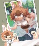  1girl ? animal_ears arm_behind_head bare_shoulders blush bow bowtie brown_eyes brown_hair brown_shirt brown_skirt brown_thighhighs dhole_(kemono_friends) dog_ears dog_girl dog_tail falling gradient_legwear hair_between_eyes kemono_friends lets0020 light_brown_hair motion_blur multicolored_hair open_mouth photo_(object) pleated_skirt shirt short_hair sidelocks skirt sleeveless tail thigh-highs two-tone_shirt white_bow white_bowtie white_hair white_shirt white_thighhighs zettai_ryouiki 