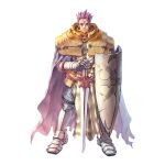  1boy 2000s_(style) armor armored_boots boots breastplate cape closed_mouth cross cross_scar crusader_(ragnarok_online) frown full_body gauntlets highres holding holding_shield holding_sword holding_weapon long_sleeves looking_at_viewer male_focus myung-jin_lee official_art pauldrons purple_cape purple_hair ragnarok_online scar scar_on_face shield short_hair shoulder_armor simple_background solo spiky_hair standing sword tabard tachi-e transparent_background weapon 