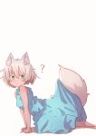  1girl ? absurdres animal_ear_fluff animal_ears bare_arms bare_shoulders barefoot blue_dress blue_eyes brown_hair colored_shadow commentary_request dress fox_ears fox_girl fox_tail from_side hair_between_eyes highres kotatsune looking_at_viewer looking_to_the_side original shadow simple_background sleeveless sleeveless_dress solo tail white_background 