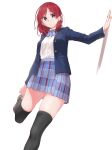  1girl adjusting_footwear arm_support black_thighhighs blue_bow blue_bowtie blue_jacket blue_skirt bow bowtie brown_footwear collared_shirt commentary_request highres jacket long_sleeves looking_at_viewer love_live! love_live!_school_idol_project medium_hair nishikino_maki open_clothes open_jacket parted_lips plaid plaid_skirt pleated_skirt redhead s_sho_mkrn shirt skirt solo standing standing_on_one_leg thigh-highs upper_body violet_eyes white_background white_shirt winter_uniform 