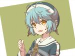  1girl :d antenna_hair blue_hair chihiro_(chihiro3399) clenched_hand commentary_request eiyuu_densetsu eyebrows_hidden_by_hair green_background hair_between_eyes hand_up light_blush looking_at_viewer millium_orion open_mouth sailor_collar sen_no_kiseki short_hair simple_background smile solo spiky_hair tareme upper_body white_sailor_collar yellow_eyes 