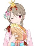  1girl asymmetrical_hair bow braid closed_mouth hair_bow hair_ornament hand_fan holding holding_fan japanese_clothes kimono light_brown_hair looking_at_viewer love_live! love_live!_nijigasaki_high_school_idol_club nakasu_kasumi nana_(nanahana010) one_eye_closed paper_fan pink_bow pink_kimono portrait red_eyes short_hair simple_background single_sidelock smile solo swept_bangs white_background 