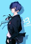  1boy blue_background blue_eyes blue_hair copyright_name dark_blue_hair digital_media_player from_side gekkoukan_high_school_uniform hands_in_pockets headphones headphones_around_neck highres jacket kymgsn looking_at_viewer male_focus open_clothes open_jacket persona persona_3 school_uniform shadow short_hair smile solo upper_body yuuki_makoto_(persona_3) 