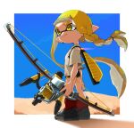  1girl agent_3_(splatoon_3) asymmetrical_hair black_shorts blonde_hair boots border braid dolphin_shorts full_body highres holding holding_weapon ink_tank_(splatoon) inkling inkling_girl inkling_player_character long_hair outside_border pointy_ears shirt shorts single_braid solo splatoon_(series) splatoon_3 tentacle_hair tri-stringer_(splatoon) user_nakaling weapon white_border white_shirt yellow_eyes yellow_trim 