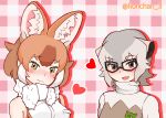  2girls absurdres animal_ears bare_shoulders blush bow bowtie brown_eyes brown_hair brown_shirt dhole_(kemono_friends) dog_ears dog_girl extra_ears glasses grey_hair grey_sweater hair_between_eyes heart highres japari_symbol kemono_friends light_brown_hair lionchan_3 looking_at_viewer meerkat_(kemono_friends) meerkat_ears multicolored_hair multiple_girls nose_blush open_mouth shirt short_hair sidelocks sleeveless smile sweater turtleneck turtleneck_sweater two-tone_hair two-tone_shirt two-tone_sweater white_bow white_bowtie white_hair white_shirt yellow_eyes 