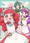  3girls :d akagi_anna animal_ear_hairband animal_ears apron arm_up blue_ribbon blunt_bangs cat_ear_hairband cat_ears cat_tail chii_(chi_pppuri) closed_mouth collared_dress cowboy_shot dress fake_animal_ears green_dress green_hair green_ribbon hairband hands_up highres kiratto_pri_chan lock long_hair looking_at_viewer midorikawa_sara multiple_girls one_eye_closed open_mouth paw_pose pink_eyes pretty_series puffy_short_sleeves puffy_sleeves purple_dress purple_hair red_dress redhead ribbon shido_mel short_hair short_sleeves smile standing tail tongue tongue_out twintails very_long_hair violet_eyes white_apron wrist_cuffs yellow_eyes yellow_ribbon 