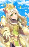  1girl absurdres armor blonde_hair blue_sky celine_(fire_emblem) clouds commentary_request crown day fire_emblem fire_emblem_engage green_eyes highres long_hair mu_tu_bu reaching reaching_towards_viewer sky solo very_long_hair 