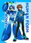  1boy alternate_costume arm_cannon armor black_pants blue_armor blue_headwear blue_jacket brown_hair character_name green_eyes guutara helmet highres jacket looking_at_viewer mega_man_(series) mega_man_x_(series) pants shoulder_armor solo weapon x_(mega_man) 