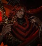  1boy absurdres armor chainmail dated elden_ring elden_ring:_shadow_of_the_erdtree embers highres holding holding_polearm holding_weapon long_hair looking_at_viewer messmer_the_impaler one_eye_closed ornate ornate_armor ornate_weapon polearm red_robe red_snake redhead robe single_bracelet single_vambrace slit_pupils snake snake_on_shoulder solo vambraces weapon yellow_eyes yen_(yenyenyen19) 