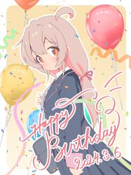  1girl ahoge bag balloon black_jacket black_skirt border brown_eyes commentary confetti dated english_text from_side hair_between_eyes hair_ribbon happy_birthday highres jacket light_blush long_hair long_skirt long_sleeves looking_at_viewer looking_to_the_side low_twintails onii-chan_wa_oshimai! outline outside_border oyama_mahiro parted_lips pink_hair pleated_skirt red_ribbon ribbon school_bag school_uniform simple_background skirt solo streamers twintails unkimo white_border white_outline yellow_background 