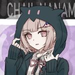  1girl animal_ear_hood chinese_commentary commentary_request danganronpa_(series) danganronpa_2:_goodbye_despair erwuyishi35850 expressionless galaga halftone hands_up highres hood hood_up hooded_jacket jacket looking_at_viewer nanami_chiaki neck_ribbon open_clothes open_jacket parted_lips pink_eyes pink_hair pink_ribbon ribbon shirt short_hair sketch sleeves_past_wrists solo upper_body white_shirt 
